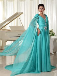 Beaded and Ruched Turquoise V-neck Prom Gown Dress Watteau Train