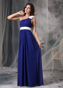 White Flowers and Belt Accent One Shoulder Blue Prom Formal Dress