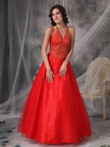 Appliques Accent Red A-line Halter Organza Prom Dresses for Cheap
