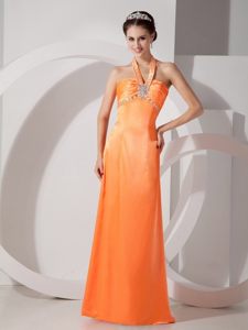 Custom Made Column Halter Beaded Orange Red Prom Dresses