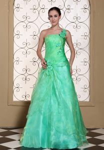 A-line one Shoulder Turquoise Prom Dress Handmade Flowers