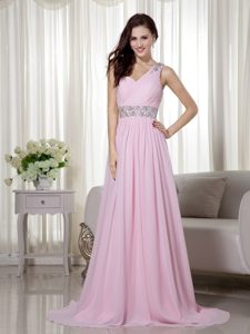 One Shoulder Beaded and Ruched Prom Evening Dress in Baby Pink