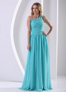 Luxurious Ruched Prom Cocktail Dress One Shoulder in Aqua Blue