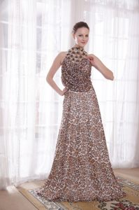 Leopard Print High-neck Brush Train Prom Dress with Rhinestones