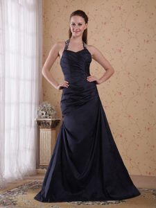 New Beaded Halter Top Long Prom Dress Ruched with Cool Back