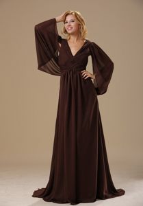 Chiffon V-neck Prom Celebrity Dress Brush Train of Long Sleeves