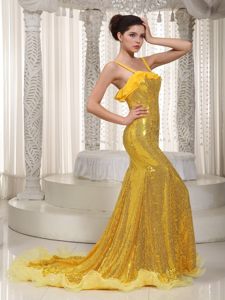 Shimmery Mermaid Brush Train Yellow Sequins Prom formal Dress