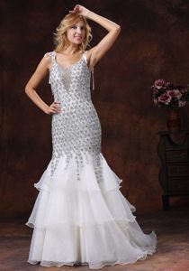Mermaid Straps Ruffled White and Gray Prom Evening Dress