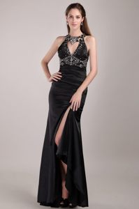 Scoop Neck Rhinestones Slitted Black Prom Dress with Back Out