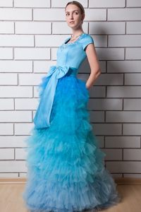 Blue Prom Holiday Dress Beading Square Neck with Big Bowknot