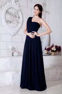Stylish Beaded One Shoulder Chiffon Prom Formal Dress Navy Blue