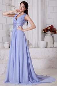 Nifty Lilac Chiffon Beaded V-neck Prom Gown Dress Sweep Train