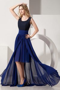 Hot Sale Scoop Neck High-low Navy Blue Prom Graduation Dress