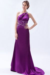 Elegant Purple One Shoulder Beaded Prom Dress with the Back out