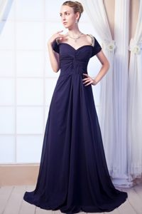Beaded and Ruched Prom Celebrity Dress Sweep Train in Navy Blue