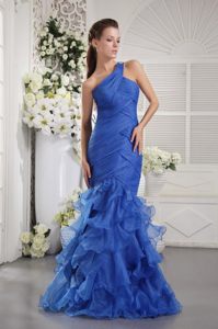 Mermaid one Shoulder Ruched Ruffled Blue Prom Dress for Ladies