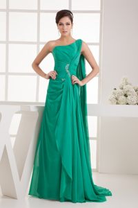 Chiffon Beaded Prom Gown in Green Watteau Train One Shoulder