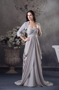 Grey Court Train Ruffles Prom Dresses Beading 3/4-length Sleeves