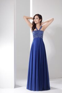 Beaded Halter Top Prom Formal Dress in Blue with Zipper up Back