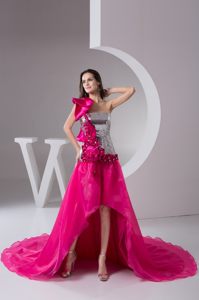 High-low one Shoulder Sequins Hot Pink and Silver Prom Dress