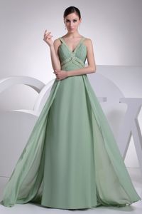 V-neck Side Zipper Apple Green Beaded Ruched Long Prom Dress