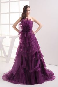 Soft Purple Strapless Brush Train Prom Celebrity Dress in Organza