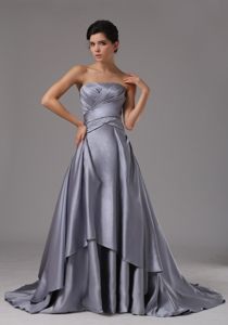 Brand New Strapless Ruched Sweep Train Silver Prom Dresses