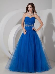 A-line Sweetheart Tulle Beaded Blue Prom Dress for Wholesale