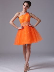 Orange Organza Puffy one Shoulder Beaded Short Prom Dress