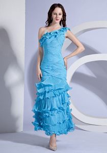 Multi-tiered Ankle-length Prom Gown Dresses one Shoulder Ruches Pleat