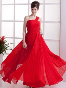Red one Shoulder Prom Celebrity Dresses Pleat in Chiffon Ankle-length