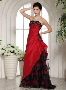 Romantic Red Prom Party Dress Appliques And Ruches with Floor-length