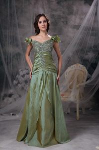 Luxurious Off the Shoulder Prom Gowns Beading Ruches in Olive Green
