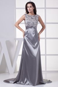 Recommended Satin Scoop Prom Celebrity Dresses Sweep Train in Grey