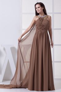 Brown Chiffon Halter Beaded Prom Gown Dresses Ruches Watteau Train