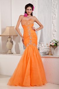 Eye Catching Beaded Sweetheart Orange Dress for Prom Queen