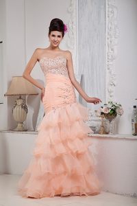 Cheap Sweetheart Beaded Peach Prom Dress with Ruffled Layers
