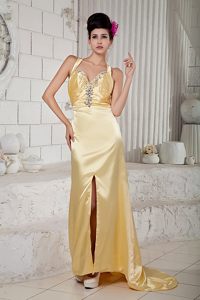 Straps Gold Prom Dresses with Rhinestones and Crisscross Back