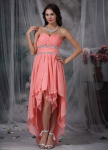 Sweetheart High-low Beaded Ruched Watermelon Red Prom Dress