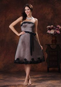 A-line Strapless Tea-length Beaded Ruched Coffee Prom Dress