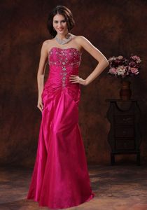 Empire Strapless Hot Pink Beaded Ruched Prom Dress for Girls