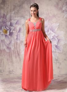 Plus Size Watermelon Red Beaded Ruched Straps Prom Dress