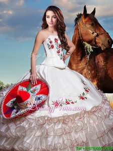 Custom Fit Sleeveless Organza and Taffeta Floor Length Lace Up 15th Birthday Dress inWhite forSpring and Summer and Fall and Winter withEmbroidery and Ruffled Layers