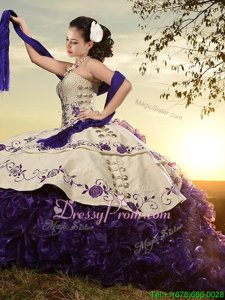 Sweetheart Sleeveless Quince Ball Gowns With Brush Train Embroidery and Ruffles White and Purple and White And Purple Organza and Taffeta