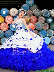 Discount Organza and Taffeta Sweetheart Sleeveless Brush Train Lace Up Embroidery and Ruffles Quinceanera Gown inWhite and Blue