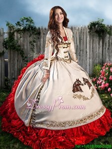 Fantastic White And Red Sweetheart Lace Up Beading and Embroidery and Ruffles 15th Birthday Dress Brush Train Sleeveless