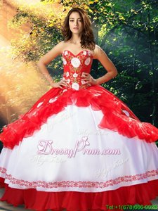 Perfect White And Red Organza and Taffeta Lace Up Sweet 16 Quinceanera Dress Sleeveless Floor Length Embroidery and Ruffles