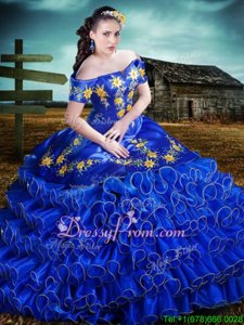 Sumptuous Royal Blue Ball Gowns Organza Off The Shoulder Short Sleeves Embroidery and Ruffled Layers Floor Length Lace Up Quinceanera Dress