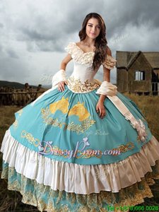 Beautiful Blue And White Off The Shoulder Neckline Lace and Embroidery and Ruffled Layers Quinceanera Dresses Short Sleeves Lace Up