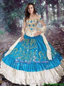 Nice Embroidery and Ruffled Layers Quinceanera Dresses Teal Lace Up Cap Sleeves